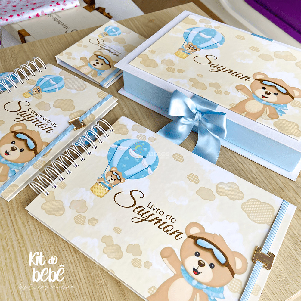 Kit do bebê Personalizado com nome na capa com Caixa, Livro, Caderneta de Vacina | Ursinho Baloeiro