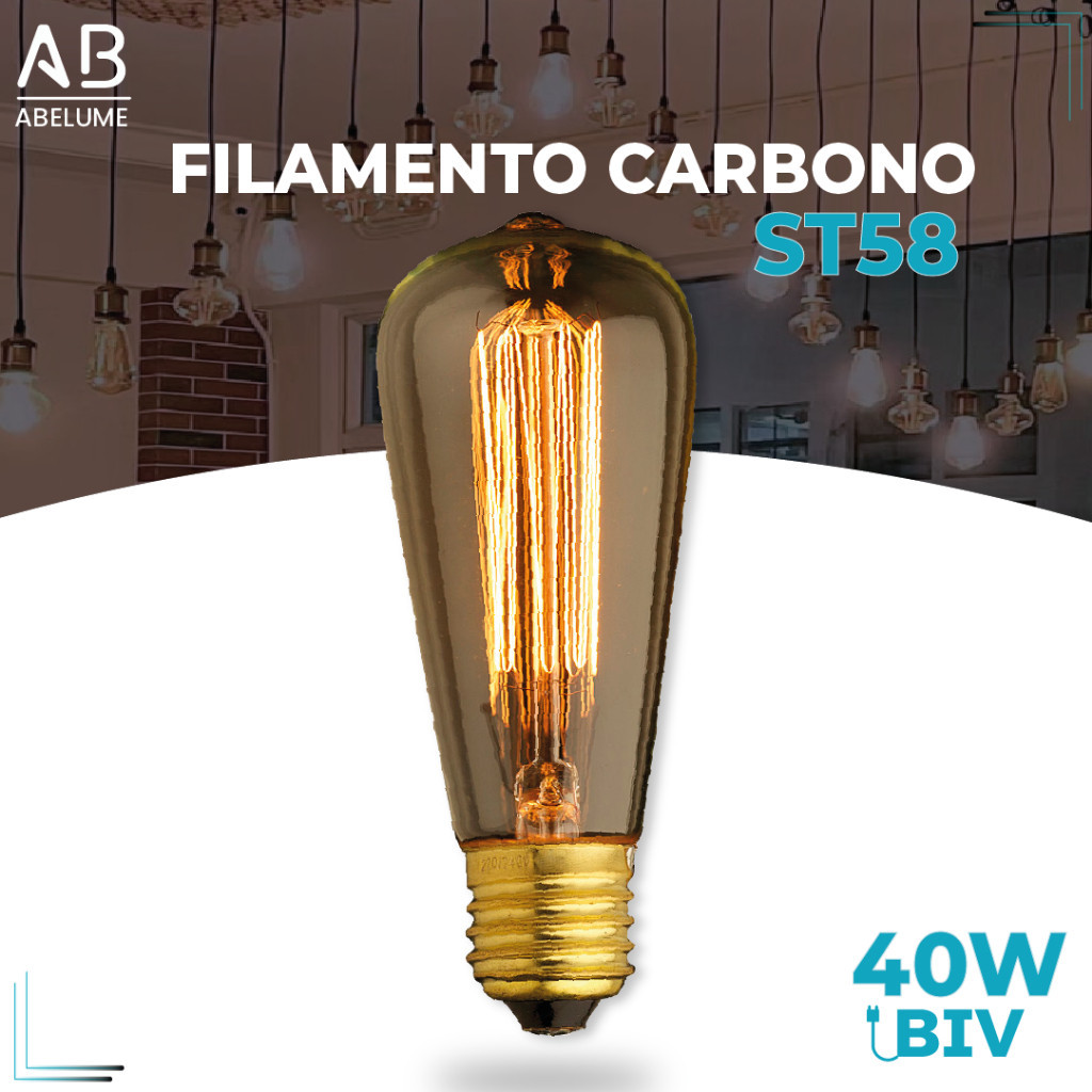 Lâmpada Filamento E27 Carbono ST58 40W LUZ QUENTE (AMARELO) Âmbar 110V~220V em Oferta na Shopee