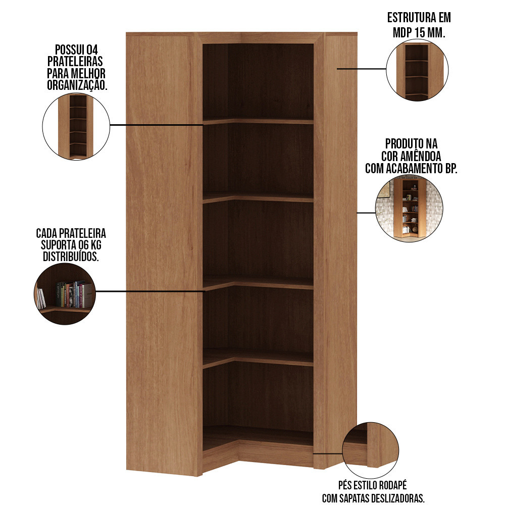 Estante de Canto Para Escritório E Home Office 4 Prateleiras Brandon 171x68 T01 Amêndoa - Lyam Decor · foto 2