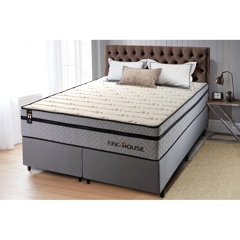 Conjunto Cama Box c/ Molas Ensacadas Preston Cinza Queen 158x198x71 em Oferta na Shopee