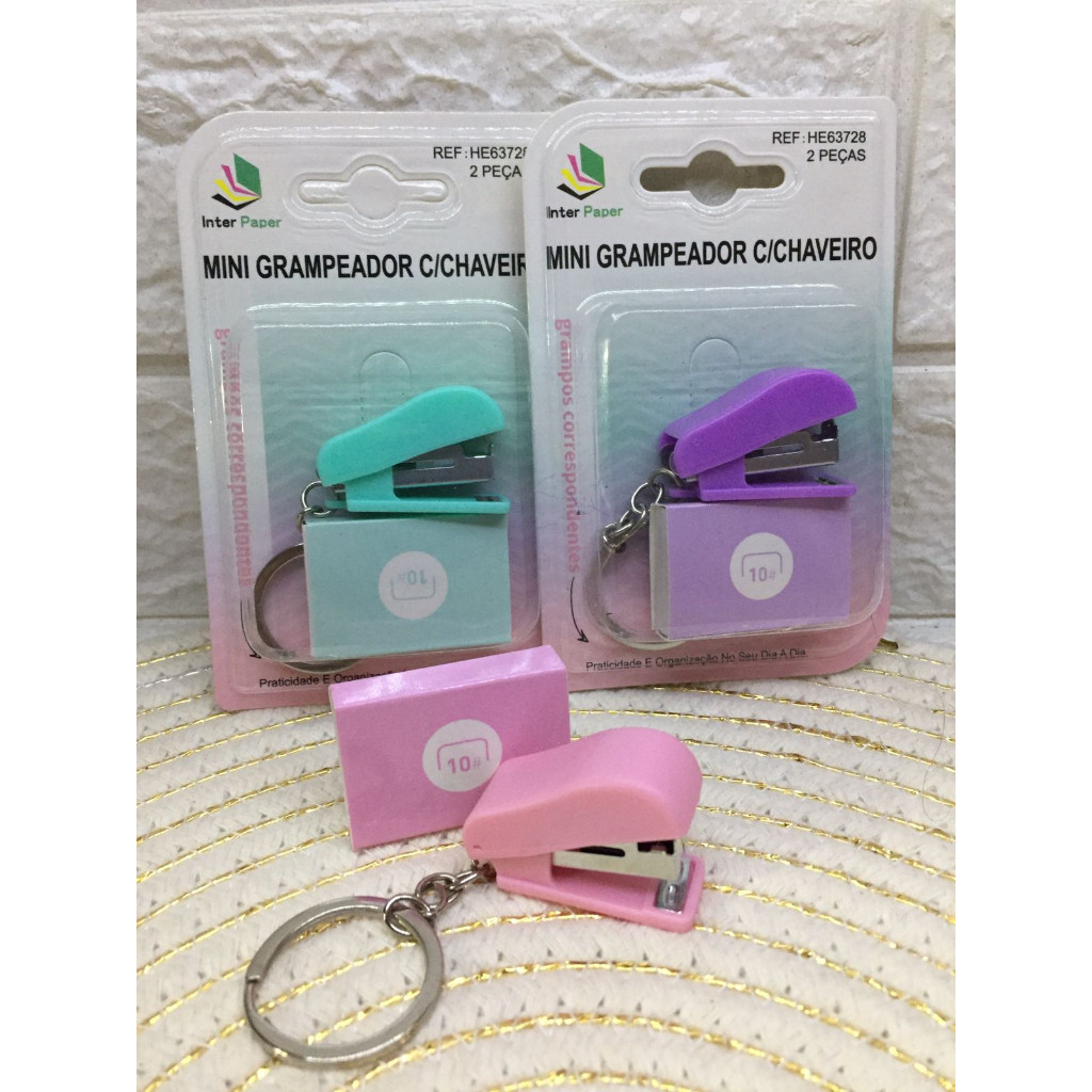 Grampeador com Chaveiro Mini e Caixa de grampos para Papelaria