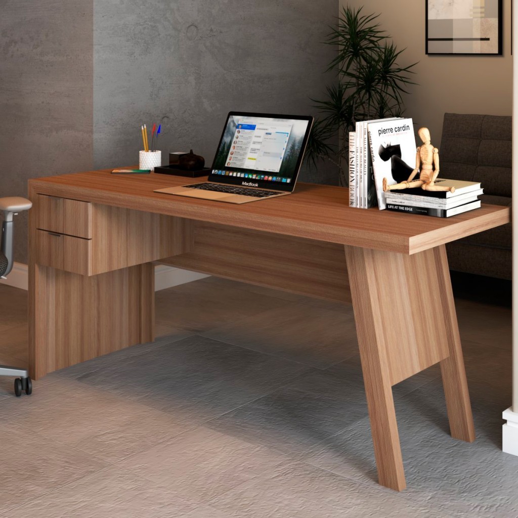 Mesa Escrivaninha 2 Gavetas para Escritório Veneza Amêndoa - Panorama Móveis em Oferta na Shopee