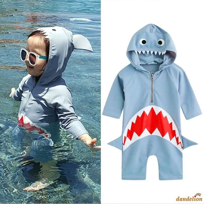 1-6 Anos Kids Boys Shark Swimsuit Manga Longa Com Capuz Fechamento Zíper De Verão Rash Guard