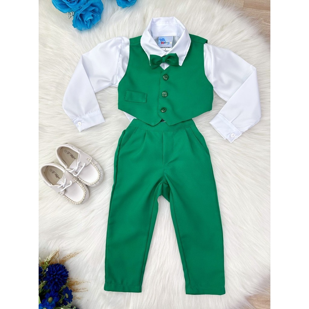 Conjunto Social Infantil Para Pajem Meninos Camisa Branca C/ Colete Calça Gravata Verde
