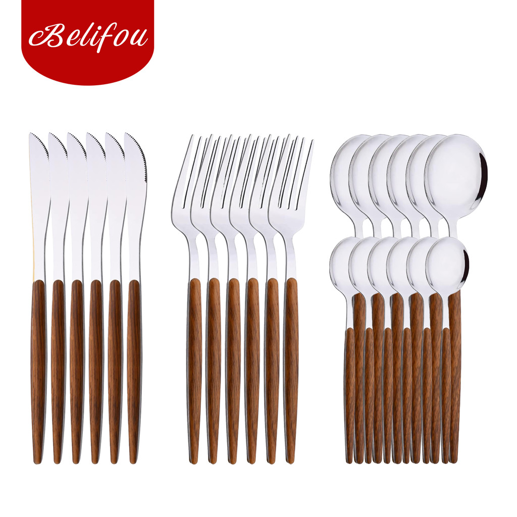 Belifou Kit 24 Jogo De Talheres Aço Inoxidável 416 Prata Alças De Madeira - Diana