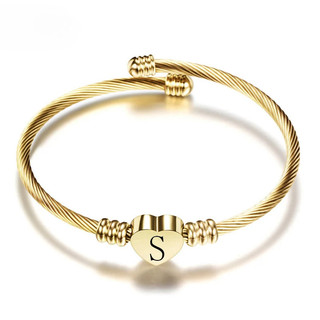 Moda Cor De Ouro Aço Inoxidável Coração Pulseira Letra Inicial Alfabeto Encantos Pulseiras