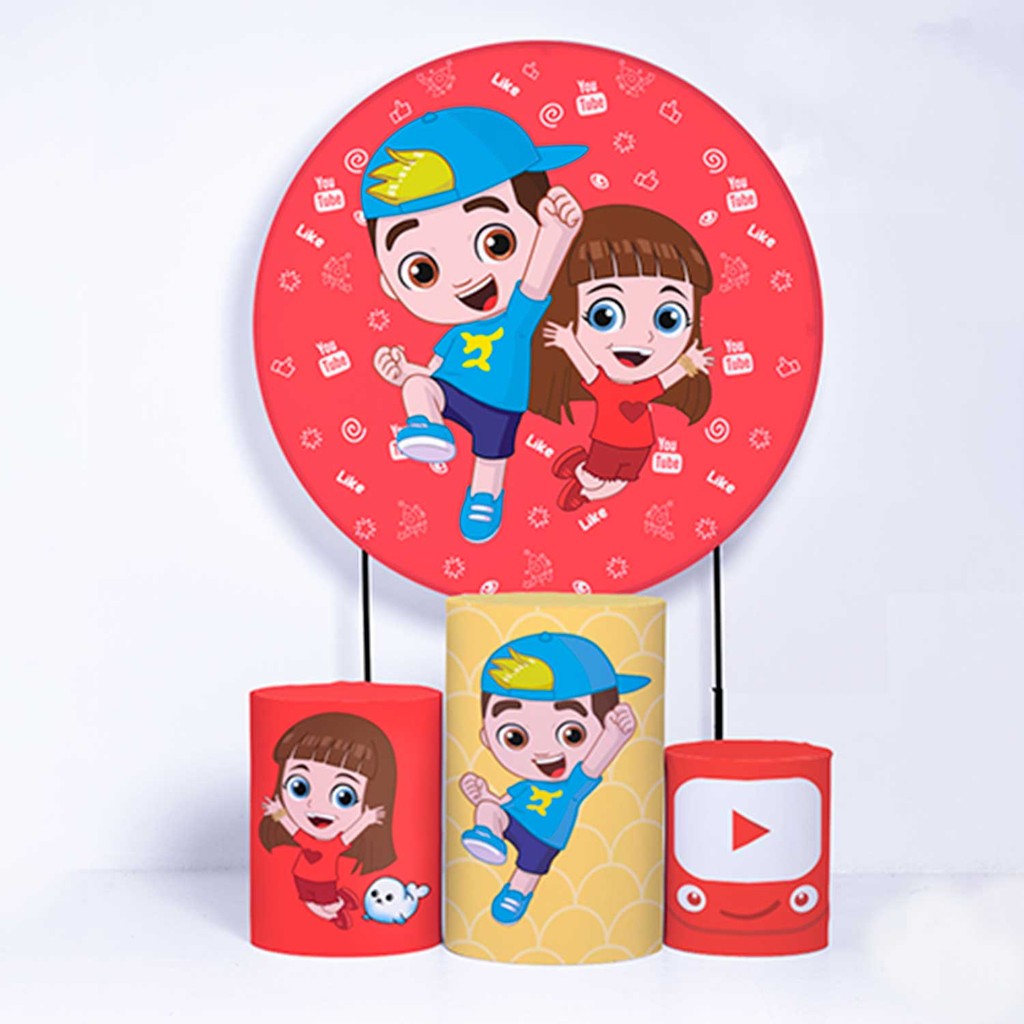 Kit Painel de Festa Redondo de 1,30m e Trio de Cilindros Lucas Neto - Fera Print