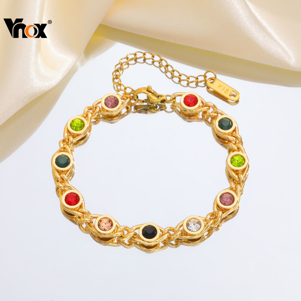 Pulseira Feminina De Zircônia Colorida Vnox , De Pedra De Aniversário Resistente A Alergias À Prova D'água Em Ouro 18k ,