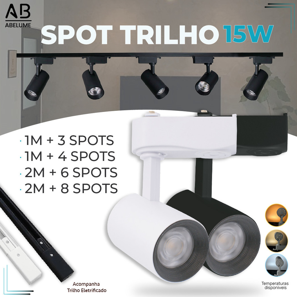 Trilho Spot LED para trilho eletrificado + Trilho + Conector Tubinho Preto e Bra