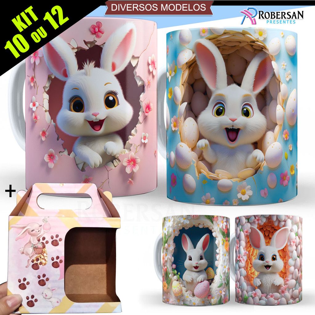 Kit 10/12 Caneca Páscoa Coelho Revenda Direto da Fábrica Atacado Presente Porcelana Personalizada