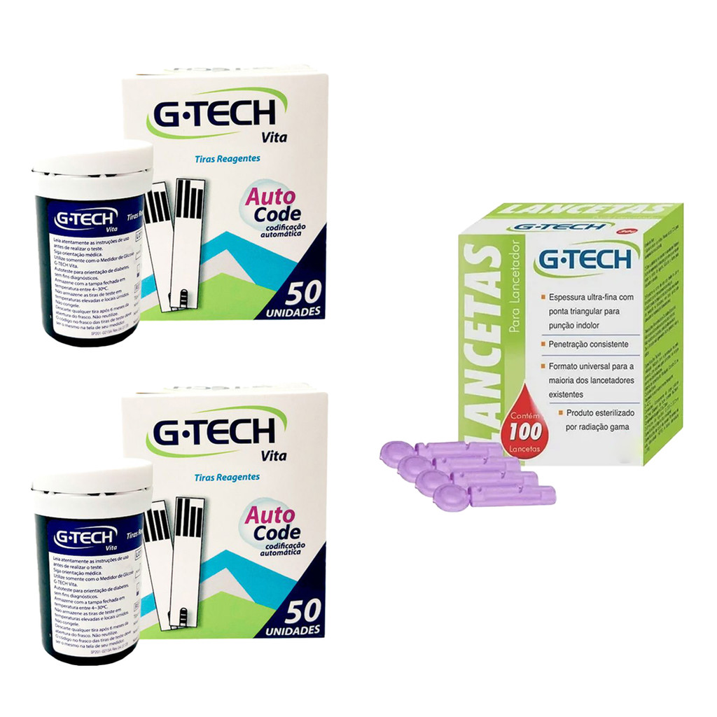 100 Fitas Tiras Reagentes G-tech VITA Glicemia +100 Lancetas em Oferta na Shopee