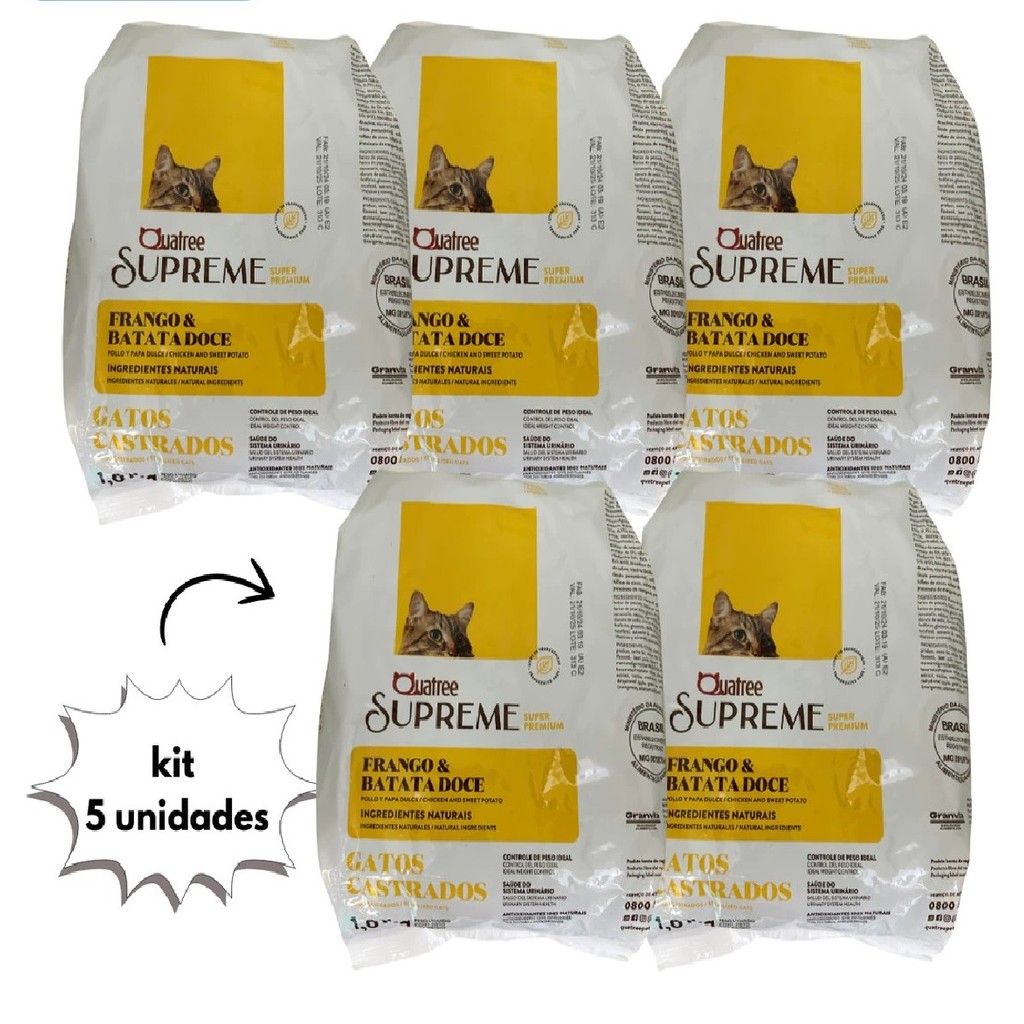 Kit C/ 5 Ração Quatree Supreme Gatos Castrados Frango 1Kg em Oferta na Shopee
