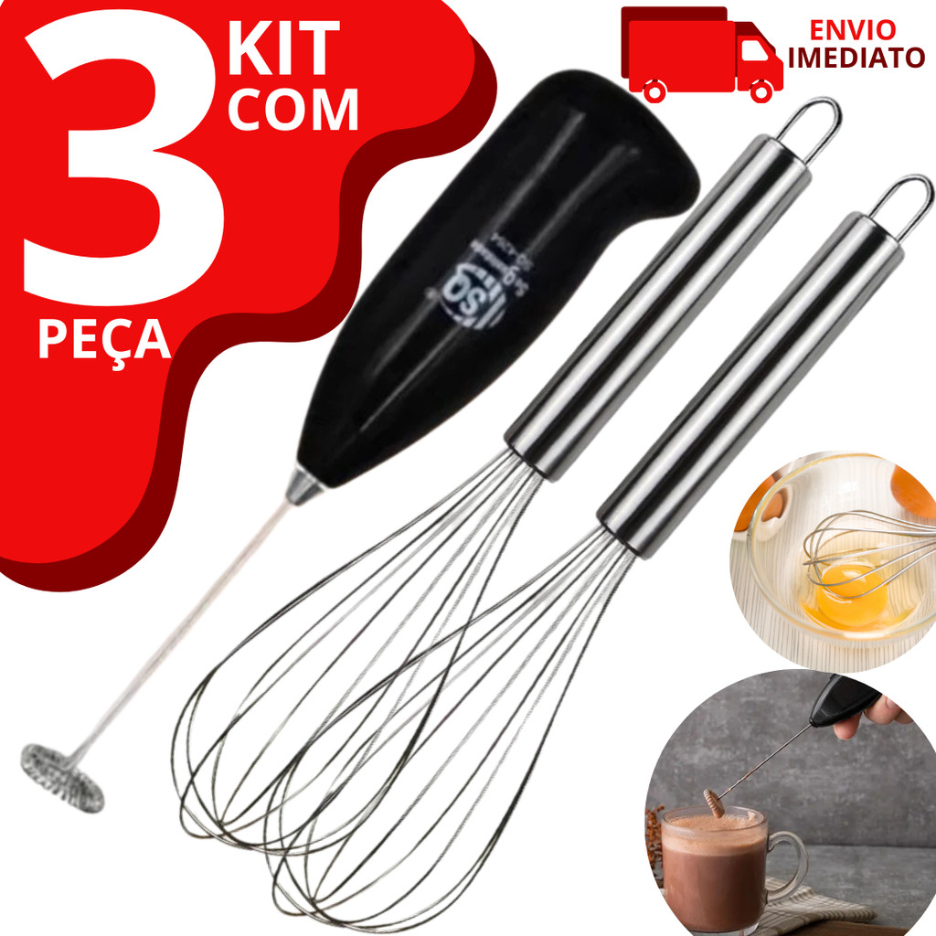 Kit 3 Peças 2 Batedor De Ovos Fouet Manual 30cm e 1 Misturador de Bebidas Mini Mixer Elétrico