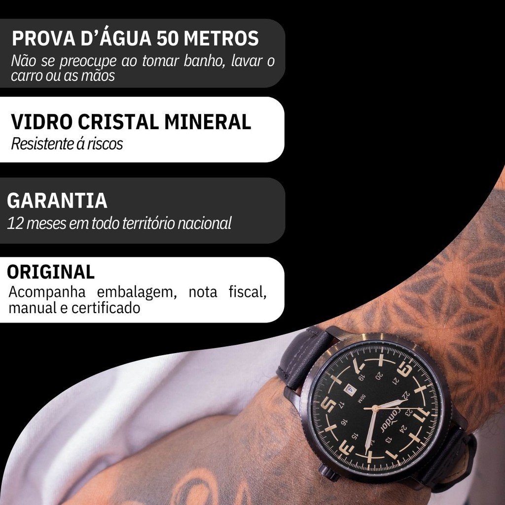 Detalhes do Relógio Masculino Condor Analógico Preto + Kit Resistente a Água Pai Namorado Marido CO2115MYU/K5P