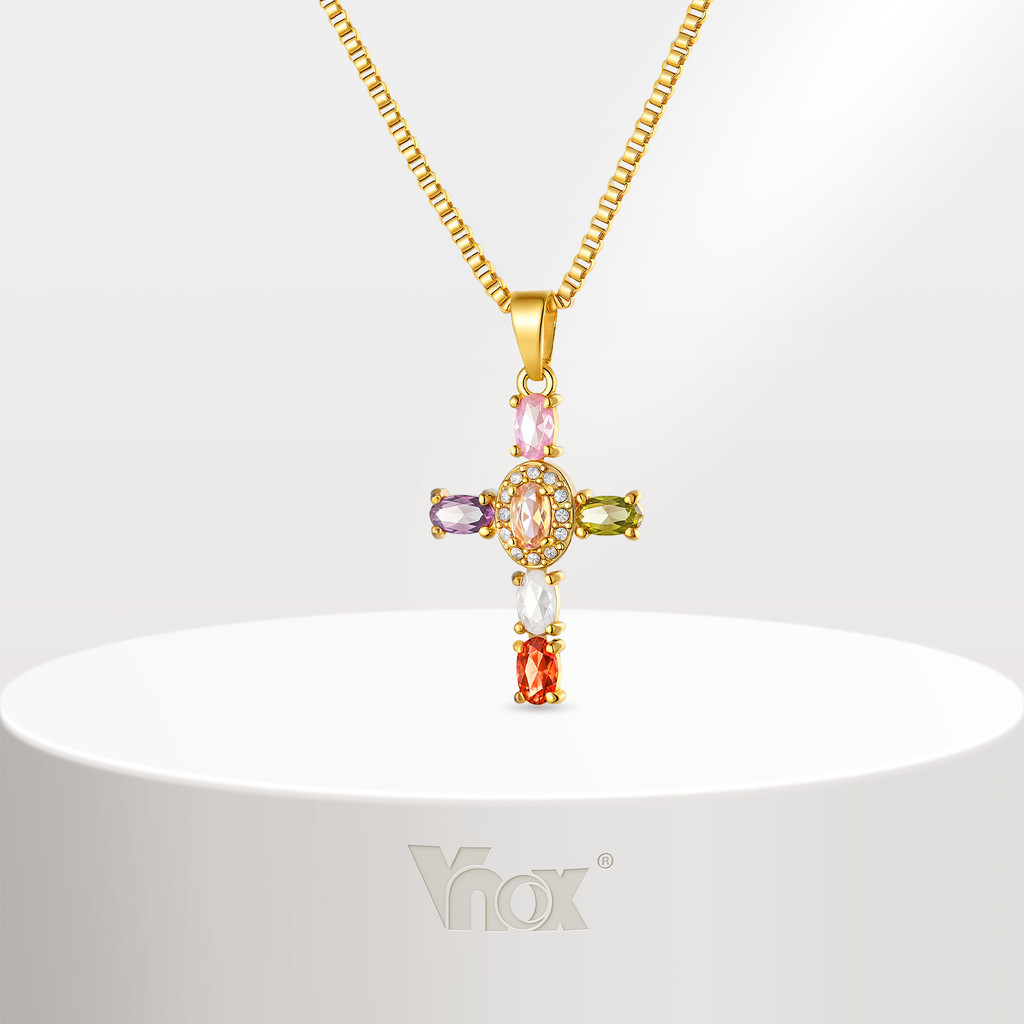 Colar Com Pingente De Cruz De Zircônia Colorida Vnox Para Mulheres , Corrente De Caixa De Aço Inoxidável , Presentes De