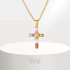 Colar Com Pingente De Cruz De Zircônia Colorida Vnox Para Mulheres , Corrente De Caixa De Aço Inoxidável , Presentes De