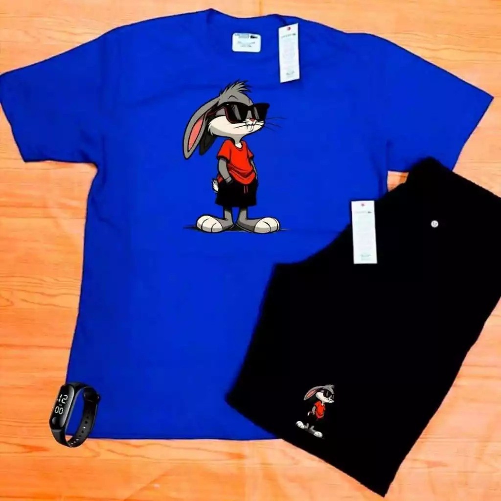 Conjunto Kit camiseta 100% algodão bermuda leve para caminhada e academia Estampa Coelho + Relogio Digital lançamento