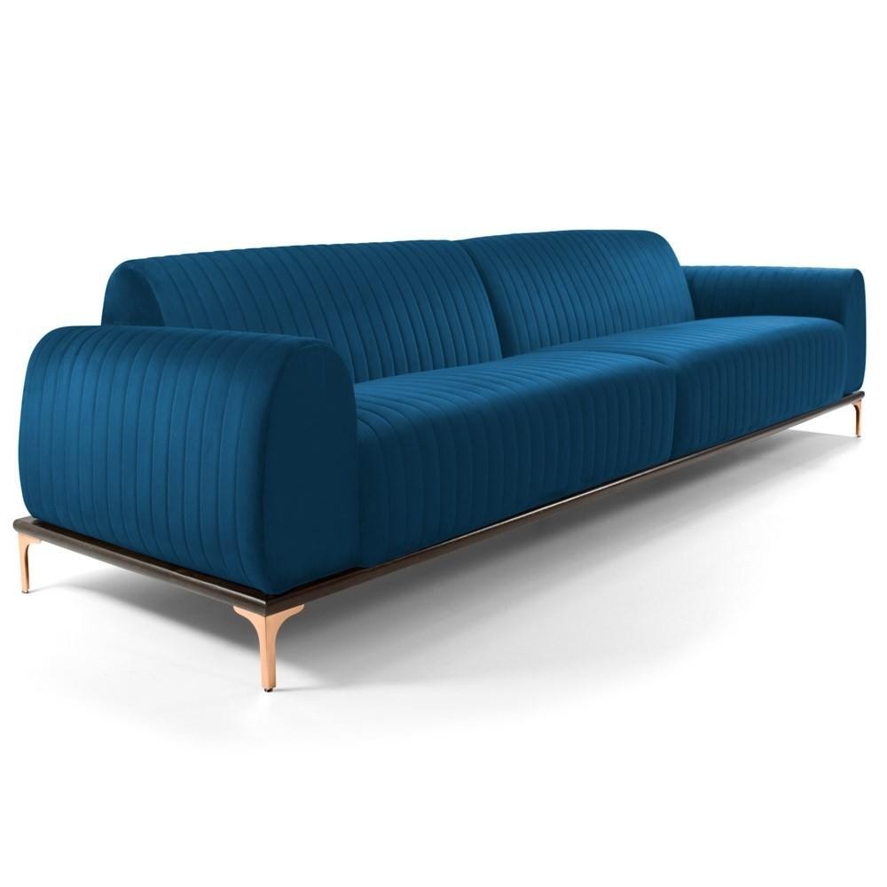 Sofá 300cm 4 Lugares Pés Rose Gold Molino C-170 Veludo Azul - Domi