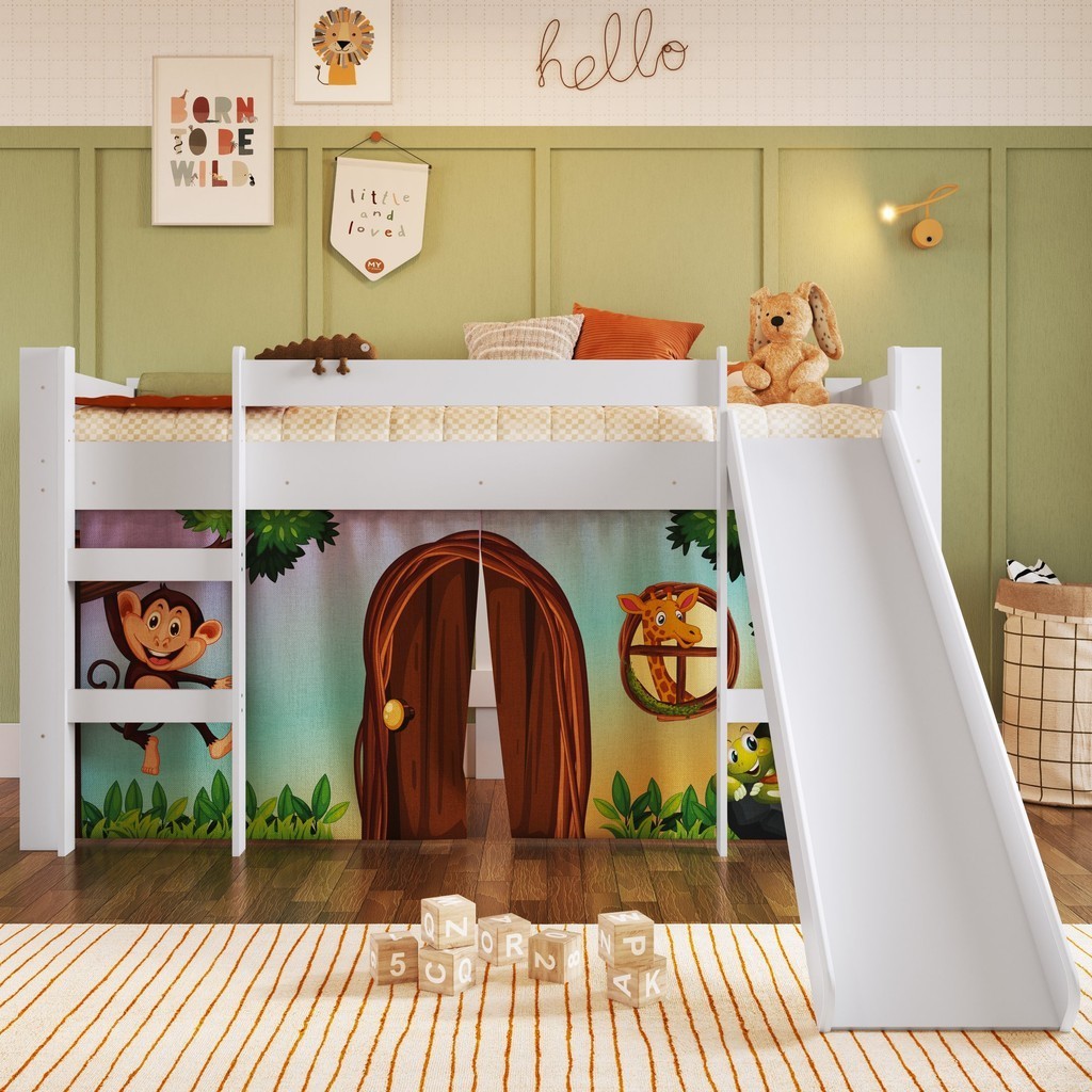 Cama Infantil Elevada com Escorregador Branco com Cortina Estampada Zoo Estampado em Oferta na Shopee