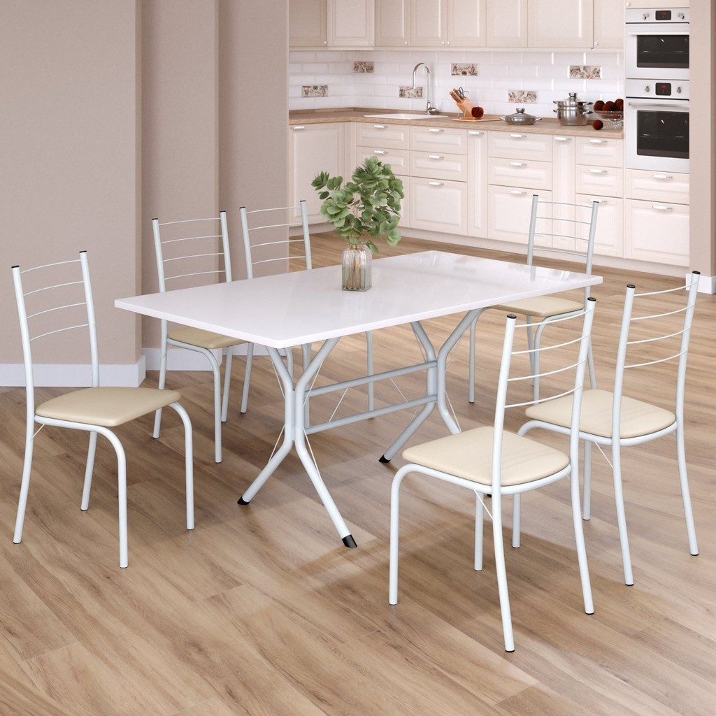 Conjunto Sala de Jantar Mesa Retangular 140x75cm Tampo Madeira Mdp 6 Cadeiras Rio Creme/Branco - Home & Living