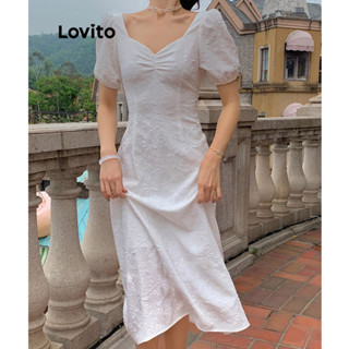 Lovito Vestido feminino casual floral com renda e laço nas costas LNE52414