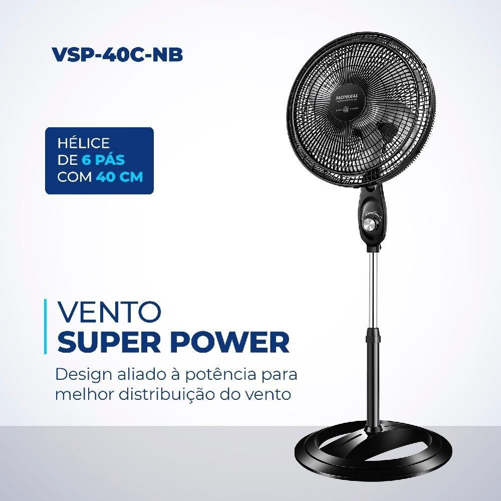 Detalhes do Ventilador de Coluna 40cm 6 Pás Mondial VSP40CNB Preto 127V