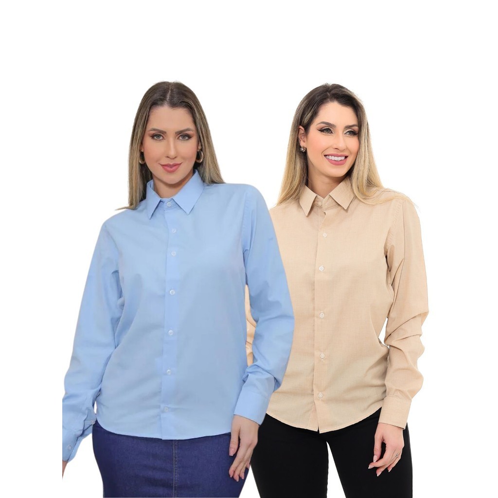 KIT Feminino 2 Peças - Camisa Social Premium Tipo Linho Bege e  Camisa Social Slim Azul Bebê