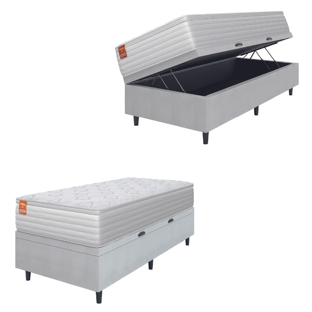Cama Box Baú Colchão Solteiro Molas Ensacadas Real 88x188x68cm Linho Branco Inducol - Suporta até 130kg por Pessoa - Home & Living
