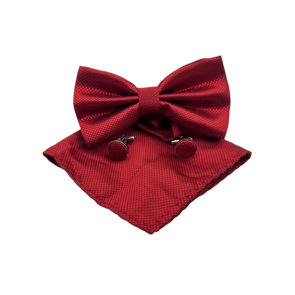 Gravata Borboleta+Abotoadura+Lenço Vermelho Sangue Kit C/3