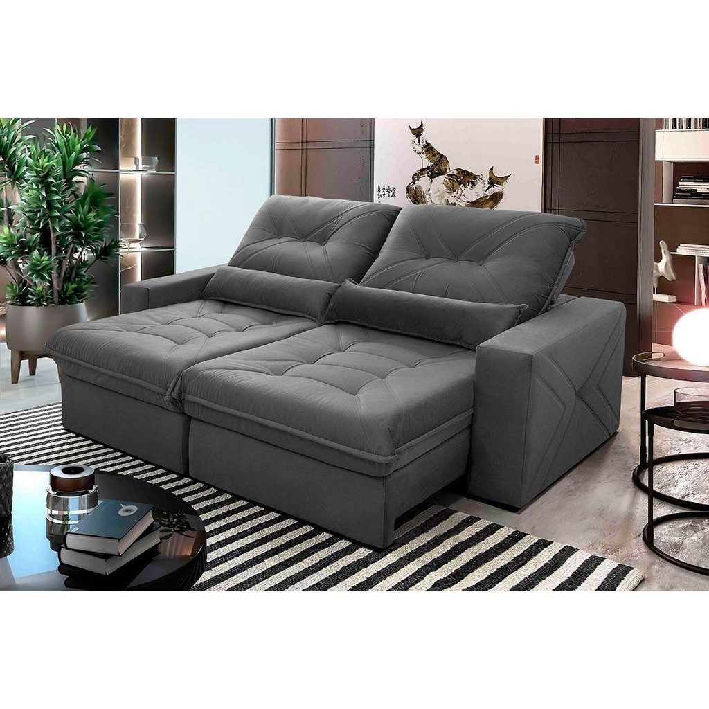 Sofá Retrátil Reclinável Sevilha 2,30m Suede Velut Cinza Molas Ensacadas - King House em Oferta na Shopee