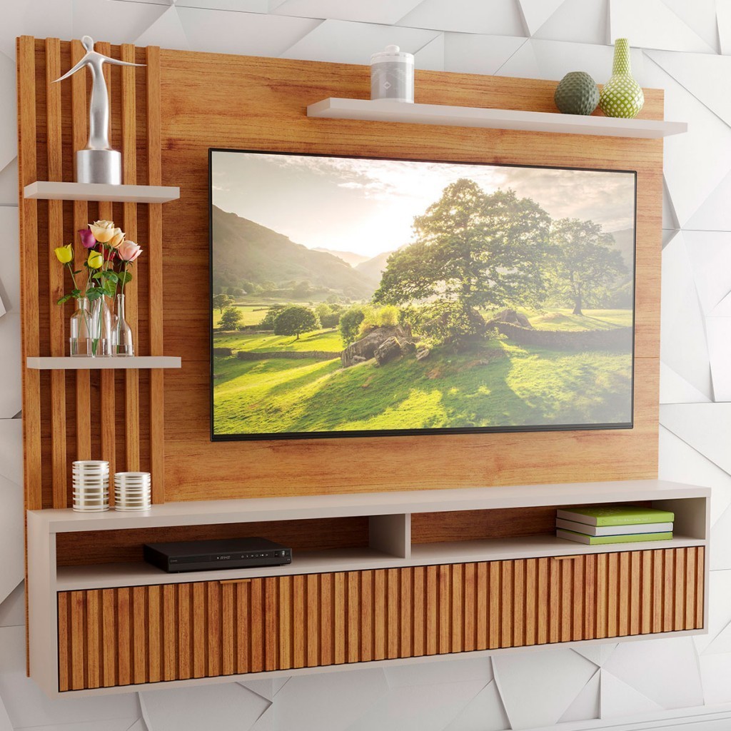Painel para TV Até 65 Polegadas Dell 1 Porta 3 Prateleiras Ripado Mel/Off White - Viero Móveis em Oferta na Shopee
