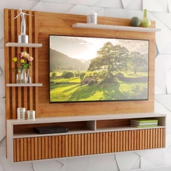 Painel para TV Até 65 Polegadas Dell 1 Porta 3 Prateleiras Ripado Mel/Off White - Viero Móveis