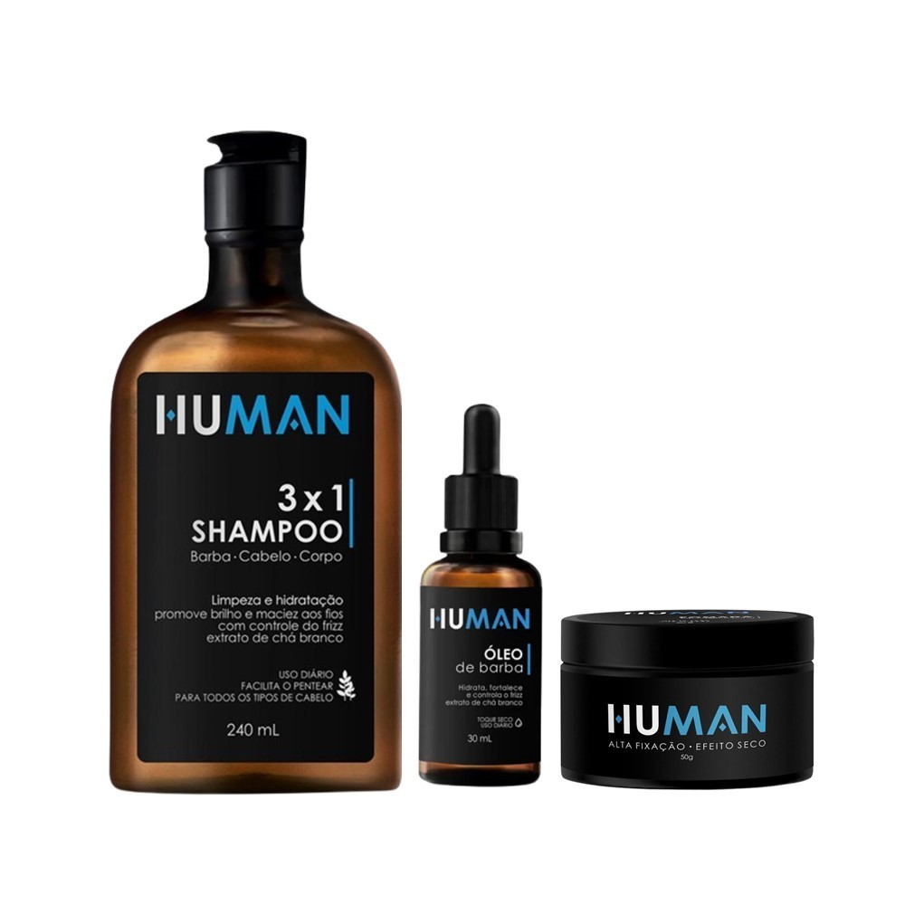 Kit Shampoo 3×1 + Óleo para Barba + Pomada Efeito Matte Seco Forte Human