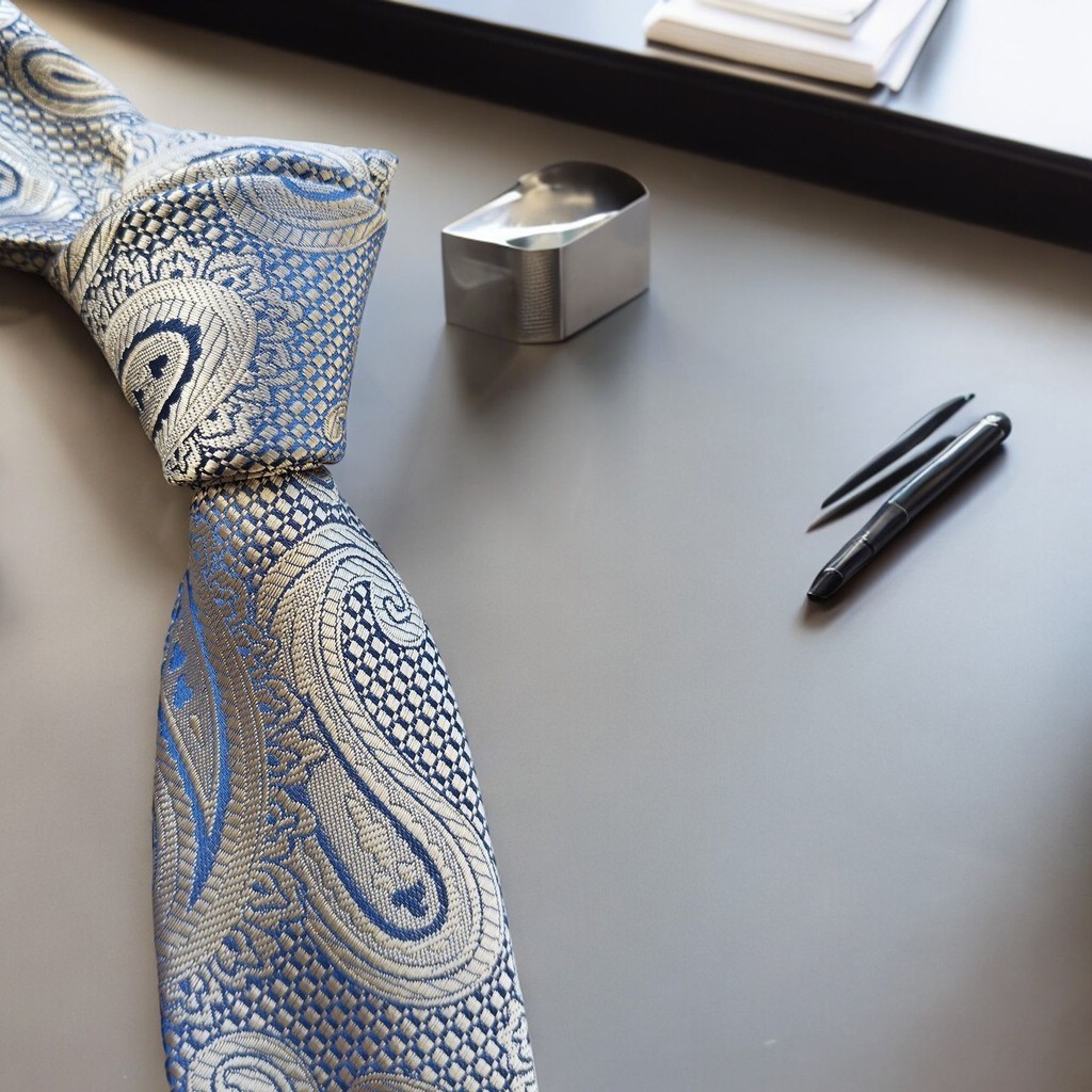 Gravata Slim Kashmir Creme e Azul - 2400 fios