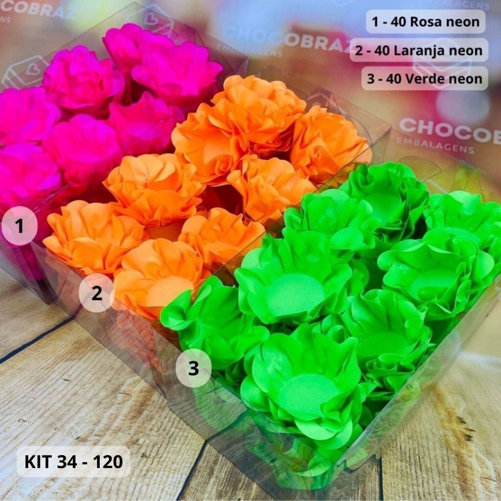 KIT 120 Forminhas Para Doces Finos ROSA NEON+VERDE NEON+LARANJA N - Home & Living