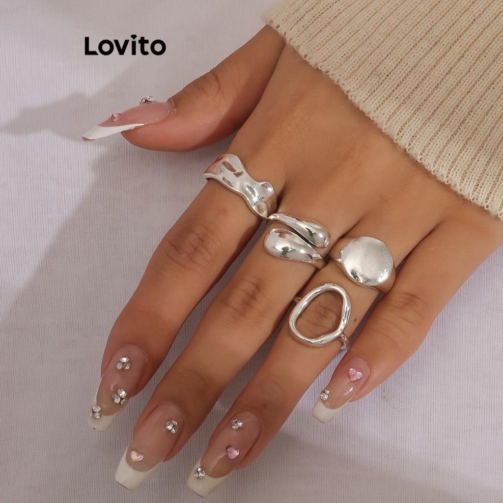 Lovito Anéis elegantes de metal com textura lisa para mulheres LFA38364