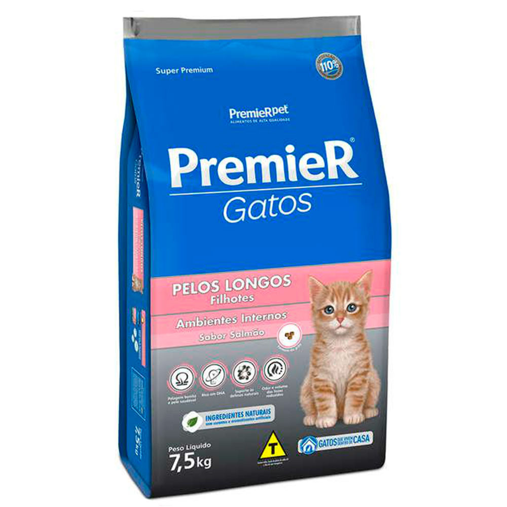 Ração Premier Gatos Filhotes Pelos Longos Ambientes Internos Salmão 7,5kg - Pets