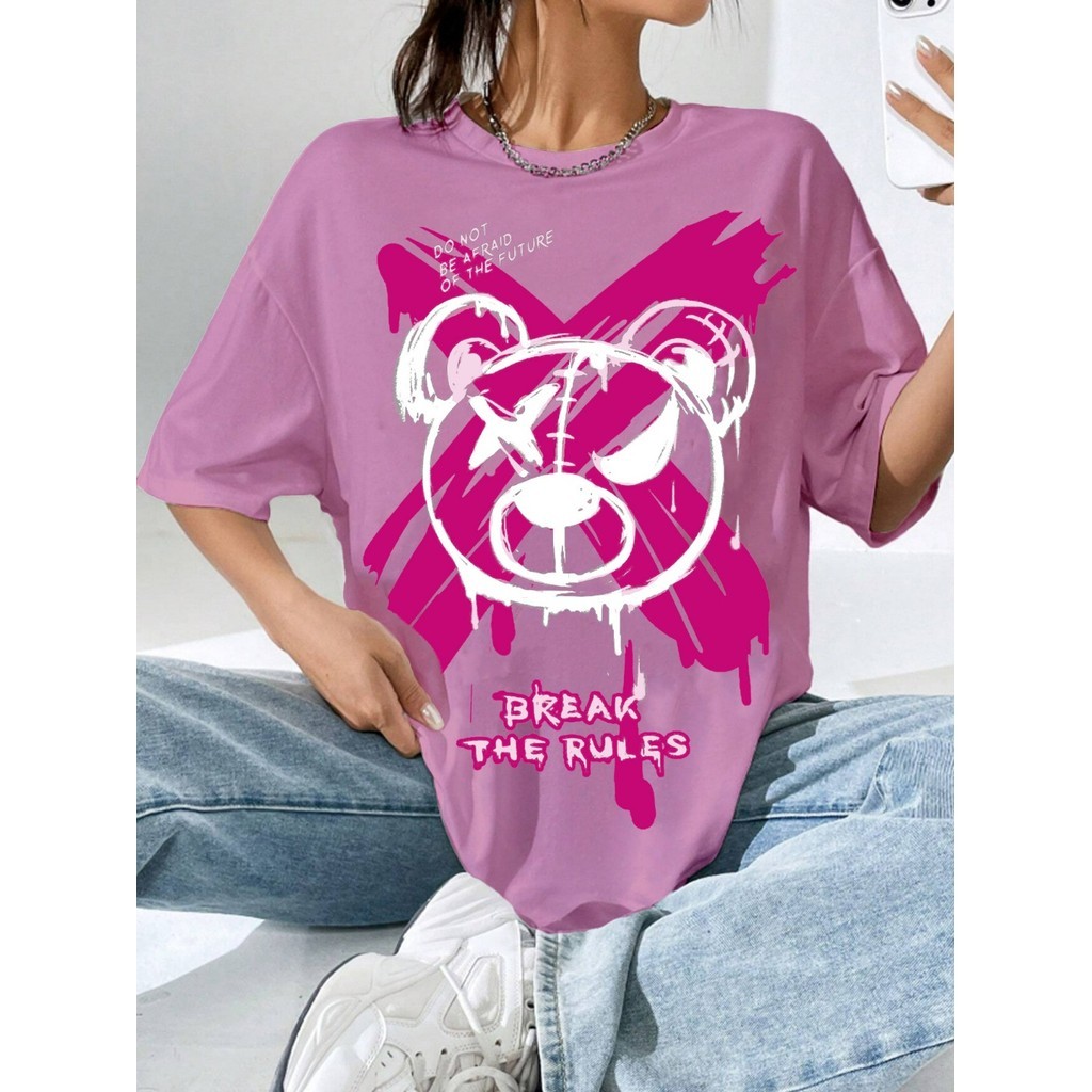 Camisa Oversized Tumblr Feminina Confortável Estampada Colorido Urso Desenho Life Style Streetwear