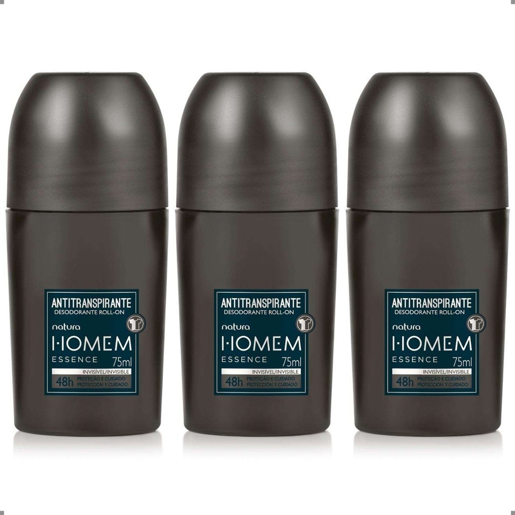 KIT 3 Desodorante Roll On Invisível Natura Homem Essence Masculino 75mL Cada