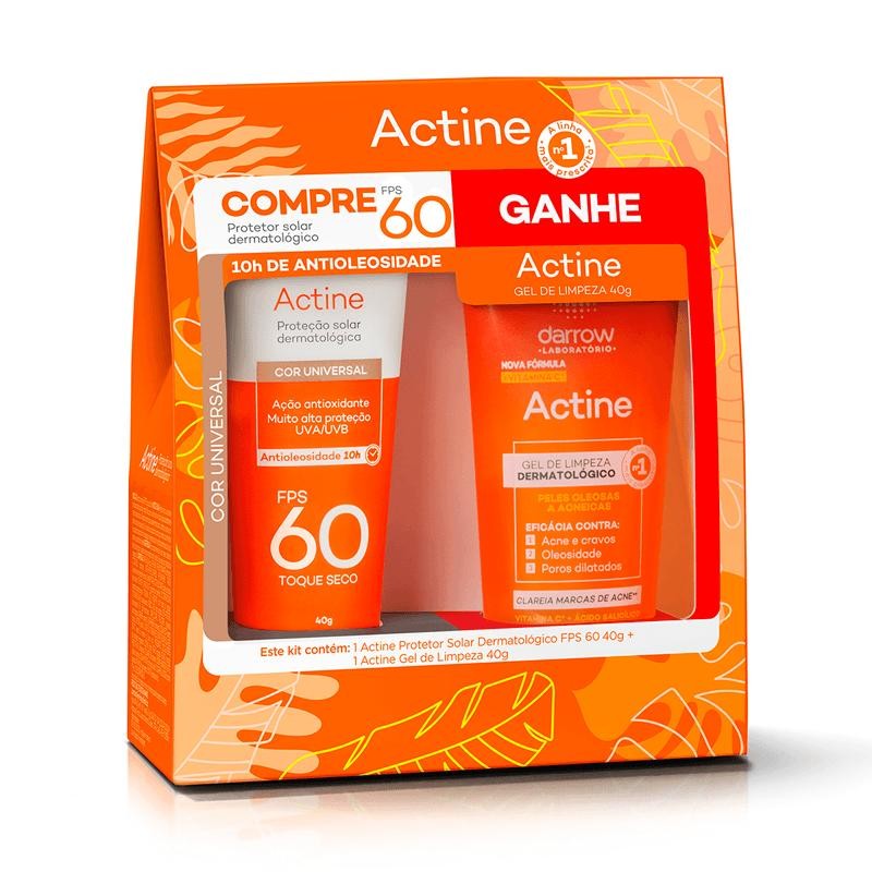 Kit Protetor Solar Facial Darrow Actine Cor Universal FPS60 40g + Gel de Limpeza Darrow Actine Pele Oleosa e Acneica 40g