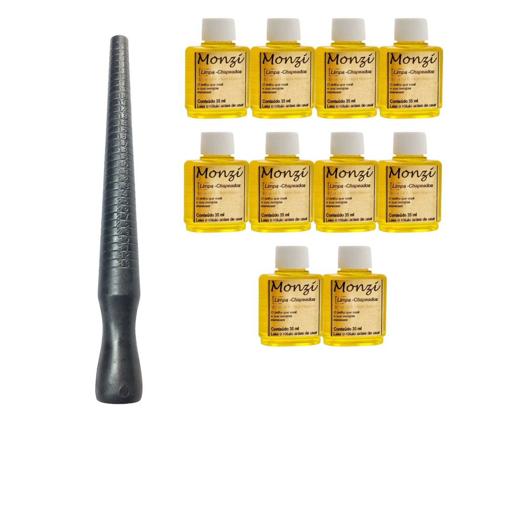 Kit 10 Limpa Chapeados 35ml Semijóias Monzi +1Un Aneleira Bastão Nº 1 ao 33 Medir Anel Aliança