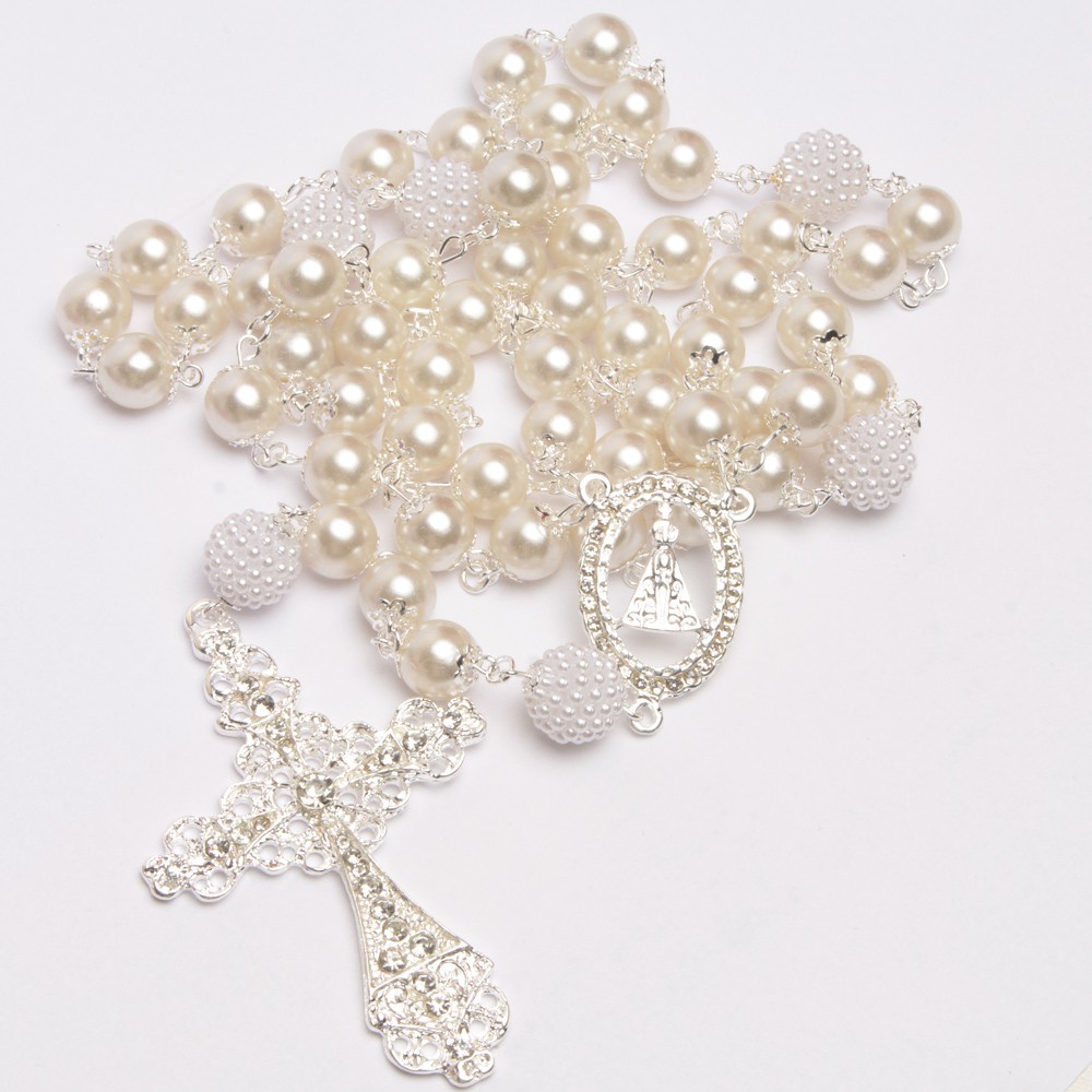 Terço De Noiva Folheado A Prata Perolas Brancas Aparecida em Oferta na Shopee