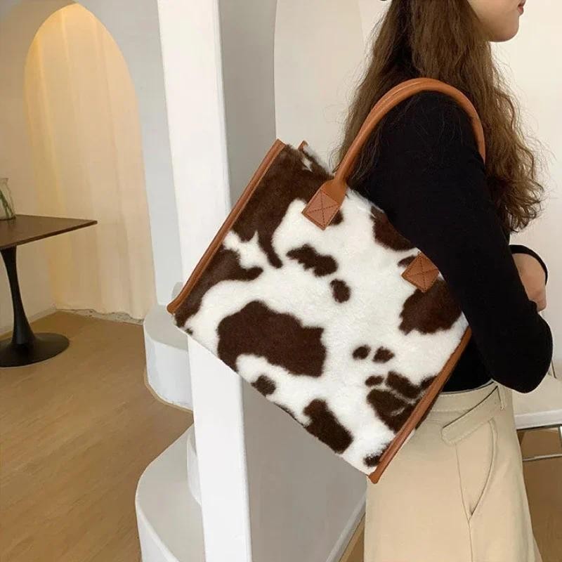Bolsa De Mão Feminina De Pelúcia Macia Inverno Leopardo Vaca Impressão Sacolas Femininas Couro Do Plutônio Axilas Sacos