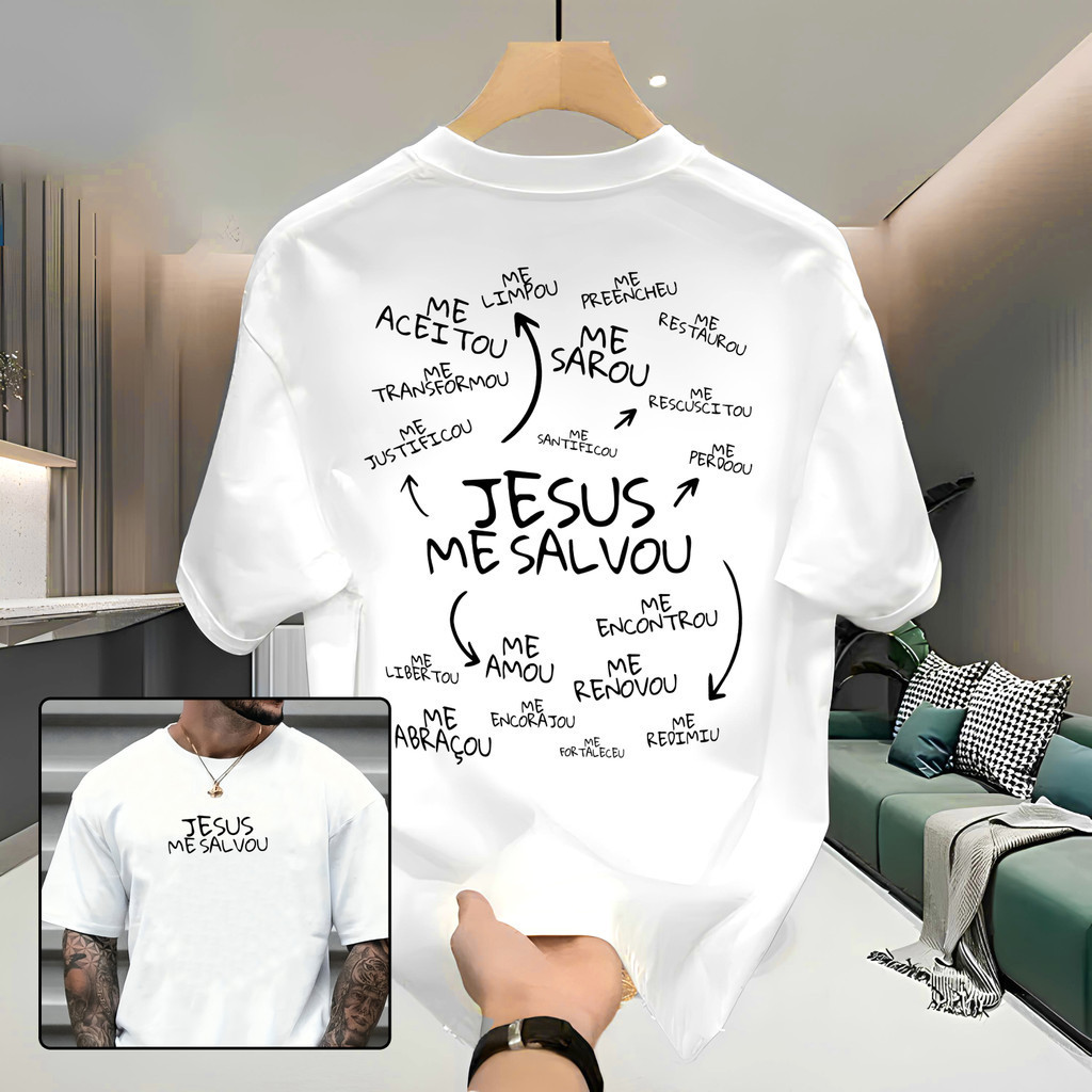 Camiseta PLUS SIZE Masculina Streetwear 100% Algodão Estampada Jesus Me Salvou Unissex Premium
