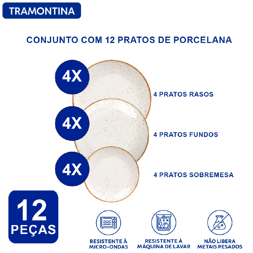 Aparelho de Jantar Jogo de Pratos Rasos, Fundos e Sobremesa Tramontina Rústico Marrom Porcelana Decorada 12 Peças