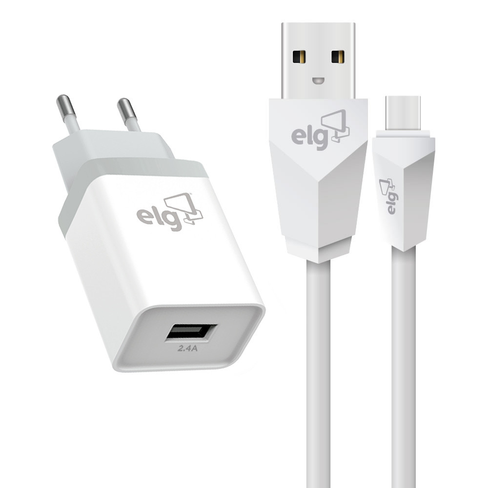 Kit Carregador de Parede Universal, Cabo USB Tipo-C 1 Metro, Carga Rápida 2.4A, Branco, KTC10WC, ELG