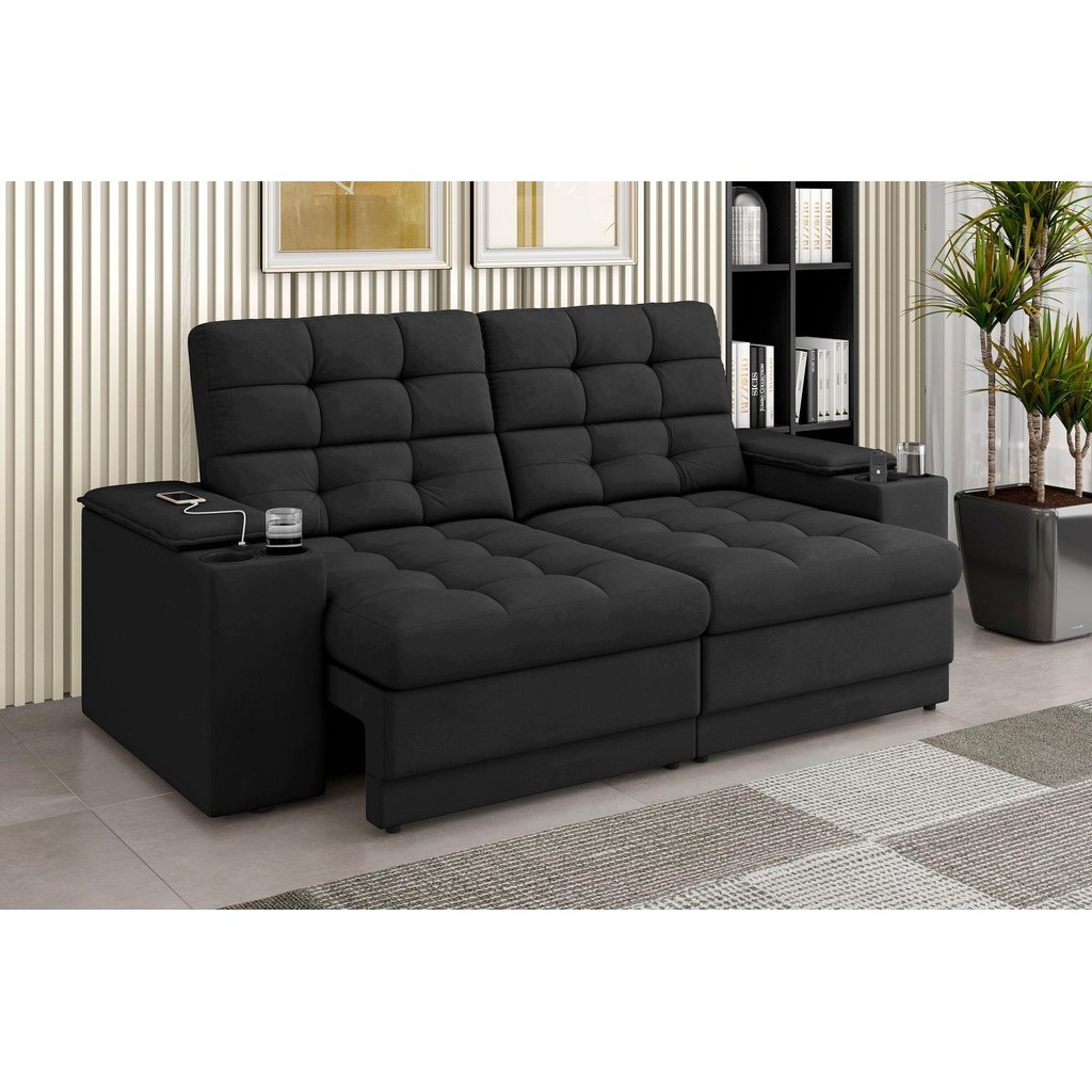 Sofá Confort Premium 2,05m Assento Retrátil/Reclinável porta copos e USB Suede Preto - XFlex Sofas