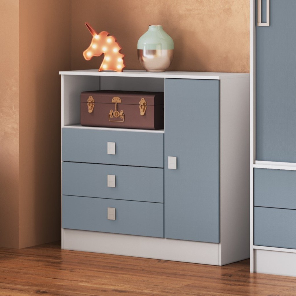 Cômoda de Bebê 3 Gavetas 1 Porta 1360 Baby  Branco/Azul em Oferta na Shopee