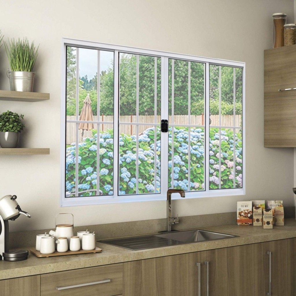 Janela de Alumínio de Correr 100x200cm 4 Folhas Grade Hale Esquadrias Branco - Home & Living