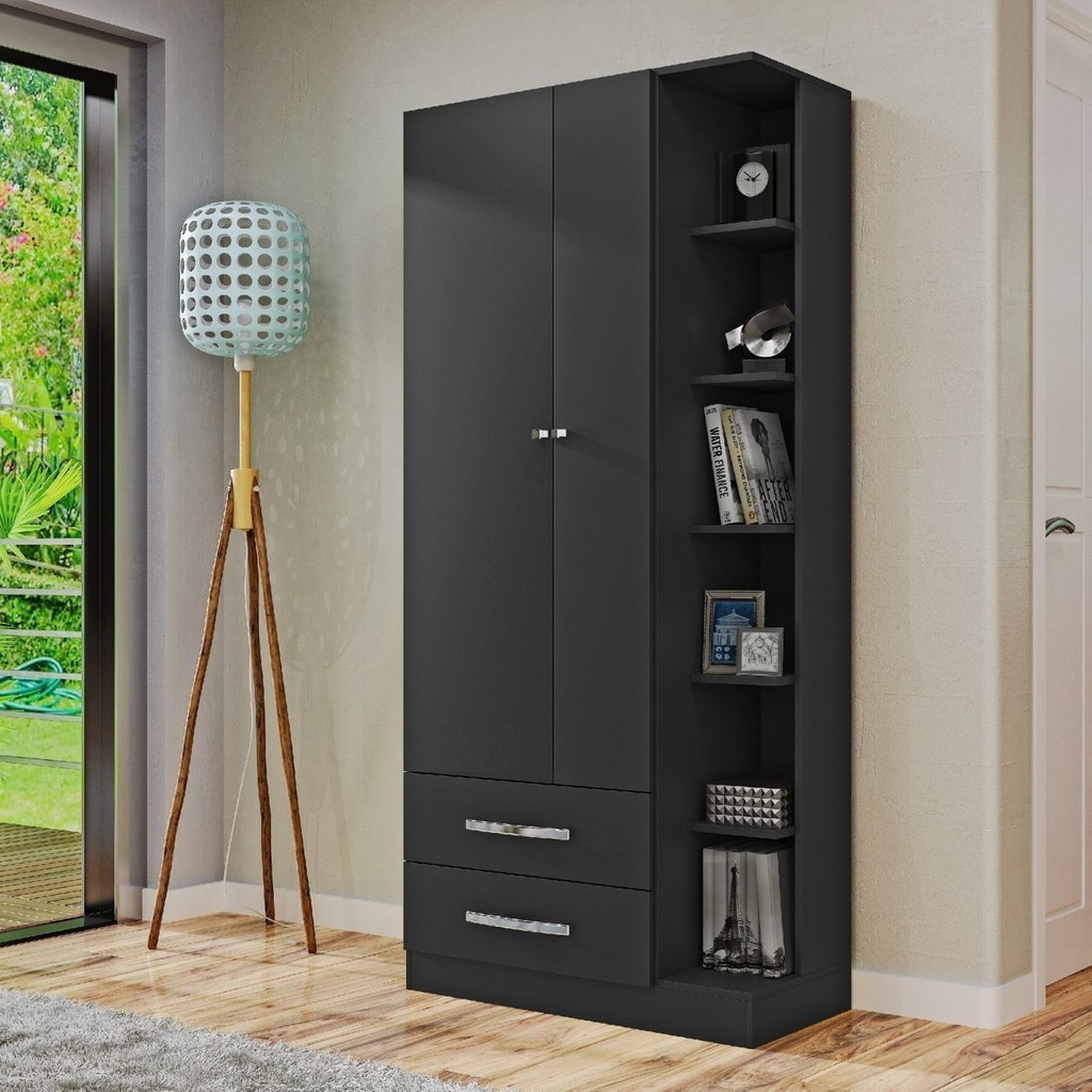 Guarda Roupa Solteiro 2 Portas 2 Gavetas Moju  Preto/Fosco - Home & Living